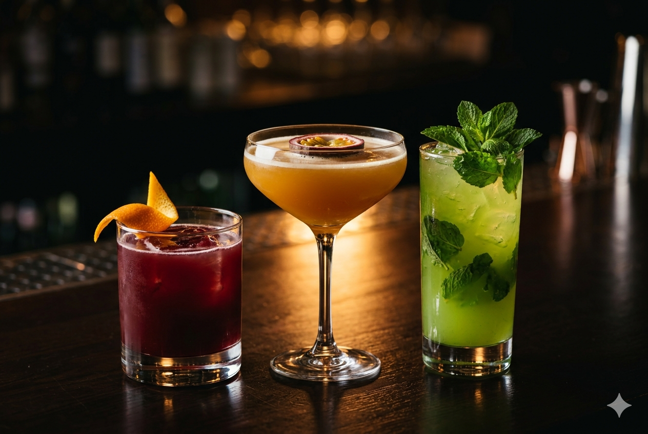 Signature cocktails: rum punch, passion fruit martini