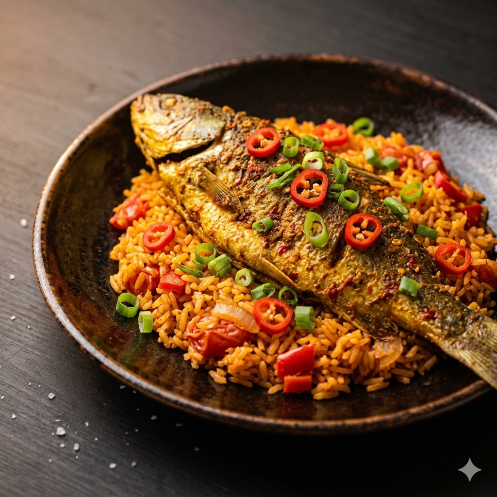 Steamed spicy catfish on a bed of jollof rice