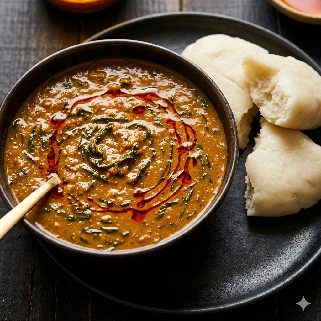 Rich peanut butter stew with okasi leaves and fufu