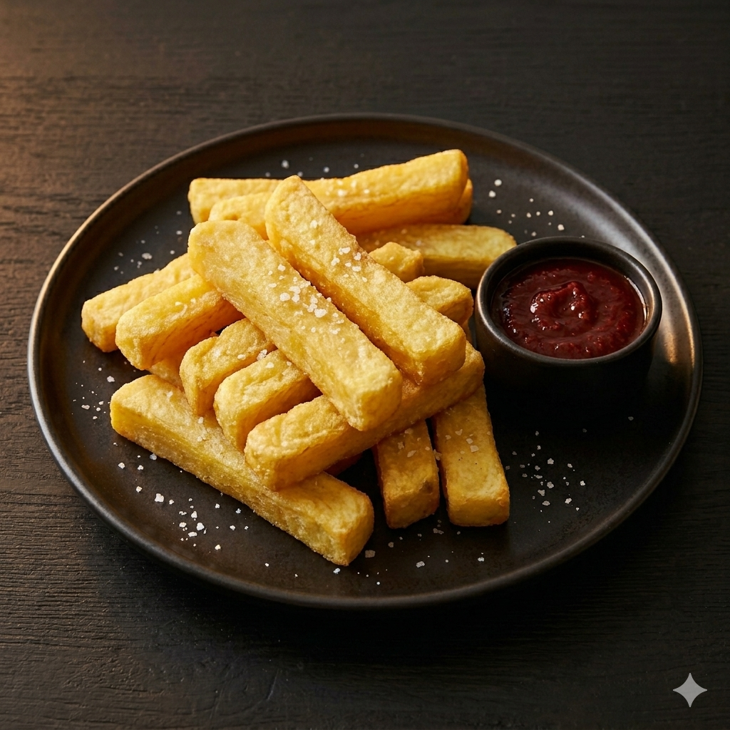 Golden fried yam chips with spicy pepper sauce