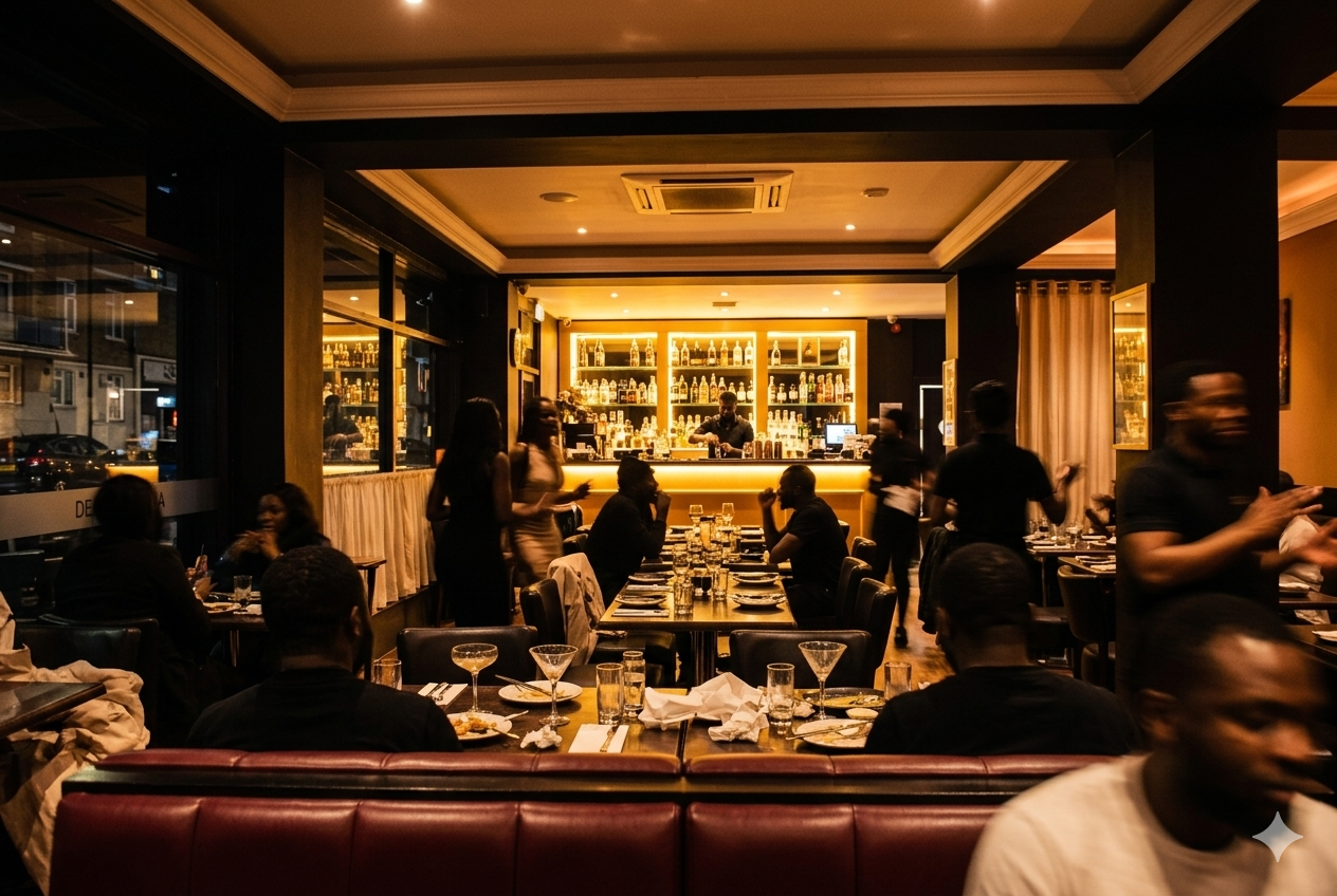 Restaurant nightlife atmosphere with warm amber lighting