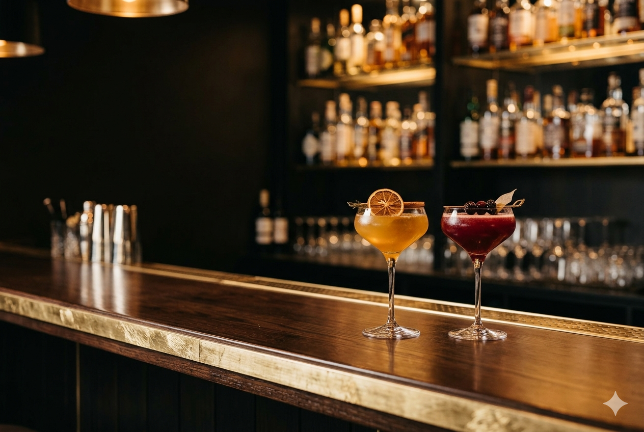 Gold-rimmed bar counter with signature cocktails